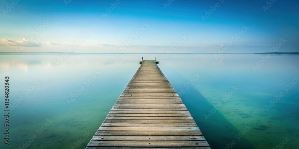 Fototapeta premium A wooden pier extends into the calm, tranquil waters of a lake, leading the eye towards the serene horizon.