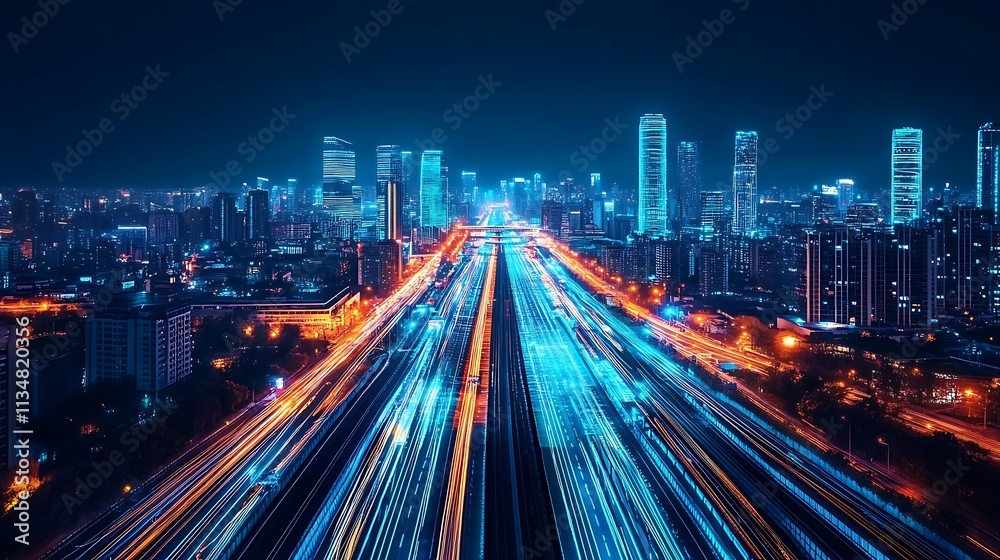 Fototapeta premium Nighttime traffic flow in urban cityscape long exposure photography