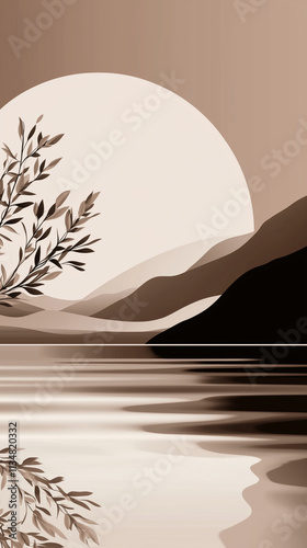 Minimalist Landscape with Sun, Branches, and Water Reflection