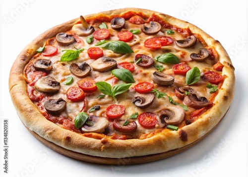 Close-Up Architectural Photography of Delicious Pizza with Meat and Mushrooms Isolated on White Background, Showcasing Toppings and Texture in High Detail