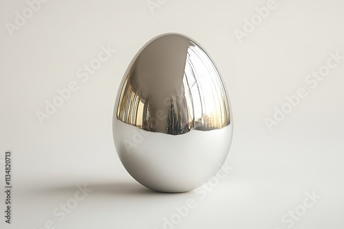 metallic silver easter egg reflecting soft light on smooth white background photo