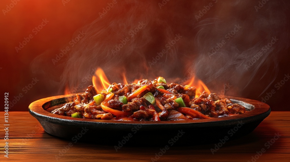 Sizzling Spicy Beef Stir-Fry with Colorful Vegetables on a Black Hot Plate Surrounded by Flames and Steaming Vapor on a Wooden Table Surface Sizzling Spicy Beef Stir-Fry with Colorful Vegetables on a Black Hot Plate Surrounded by Flames and Steaming Vapor on a Wooden Table Surface