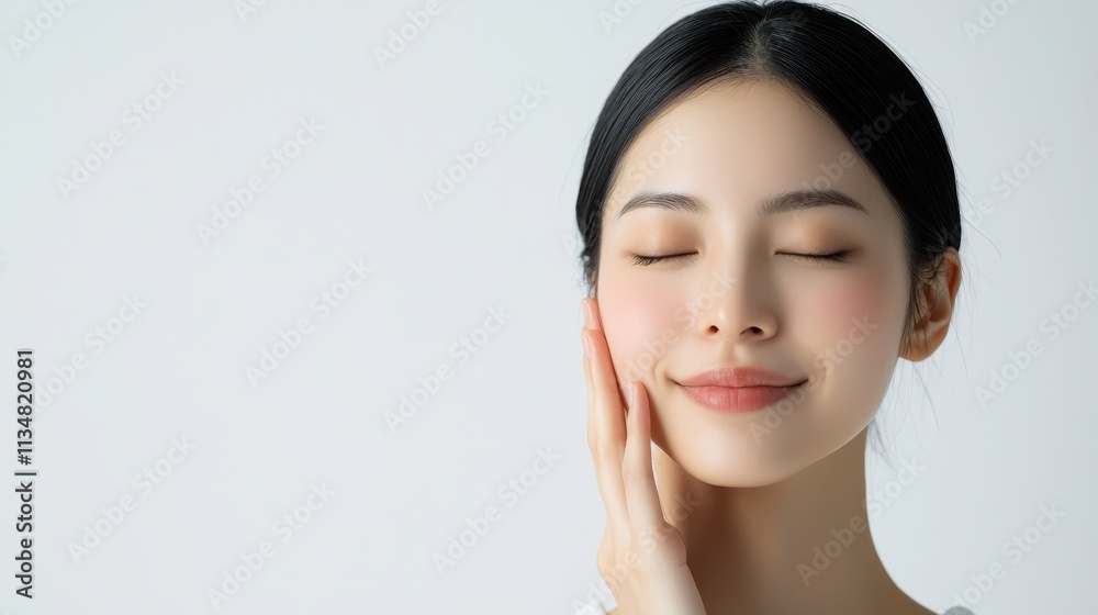 Serene portrait of a young woman with glowing skin and closed eyes Serene portrait of a young woman with glowing skin and closed eyes