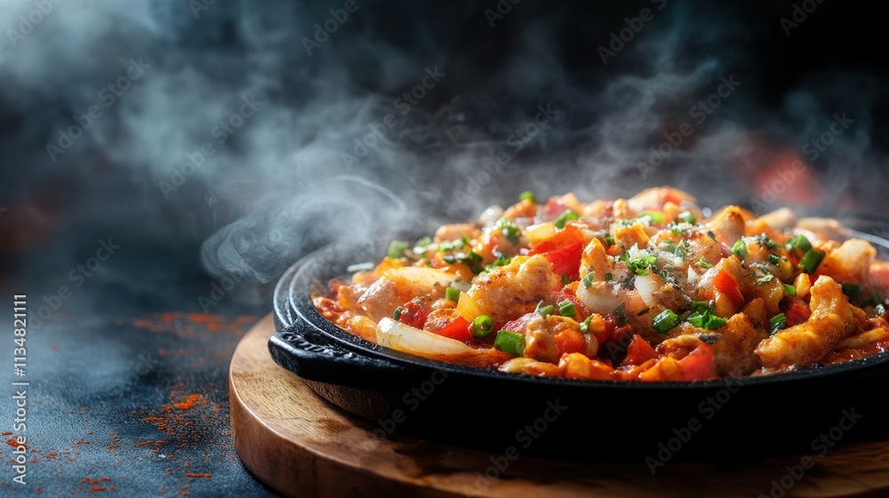 Sizzling Hot Dish on a Wooden Board with Smoke Rising, Featuring Colorful Vegetables and Tender Chicken Pieces in a Savory Sauce Sizzling Hot Dish on a Wooden Board with Smoke Rising, Featuring Colorful Vegetables and Tender Chicken Pieces in a Savory Sauce