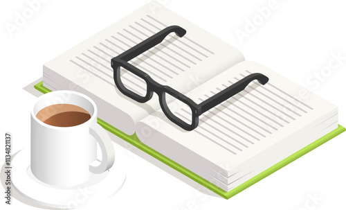 Open book with reading glasses resting on top and a coffee cup nearby, creating a cozy and inviting atmosphere perfect for immersing in literature and enjoying quiet moments