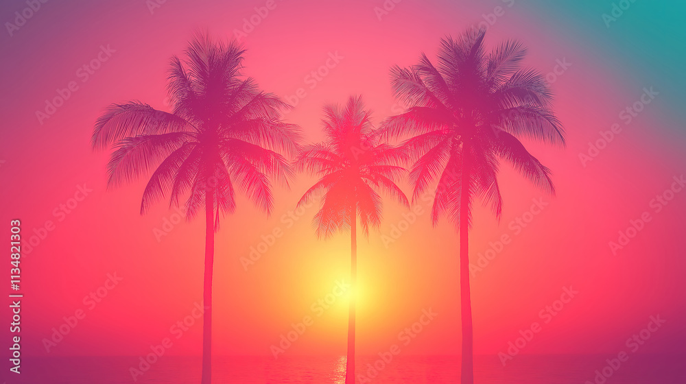 Stunning Sunset on a Tropical Beach with Palm Tree Silhouettes and Modern Vintage Hues Stunning Sunset on a Tropical Beach with Palm Tree Silhouettes and Modern Vintage Hues