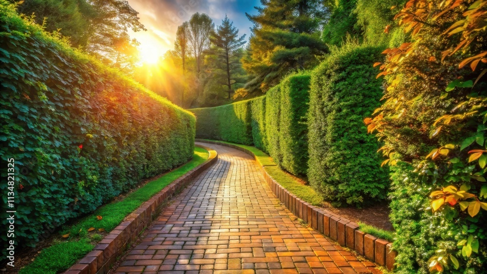 Obraz premium A winding brick pathway through a lush green hedge, bathed in warm sunlight, leading towards a mysterious unknown