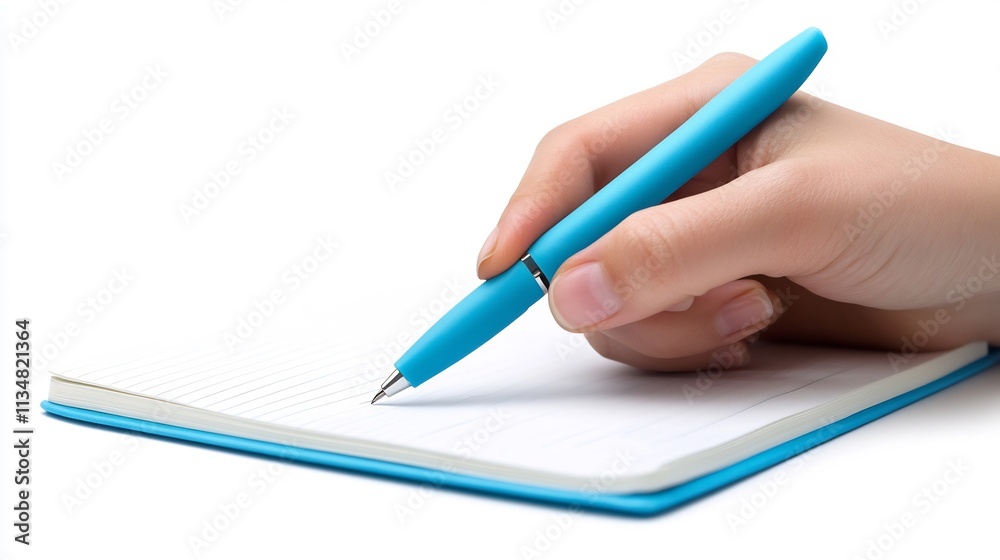 Close-up of a hand writing in a blue notebook with a blue pen. Close-up of a hand writing in a blue notebook with a blue pen.