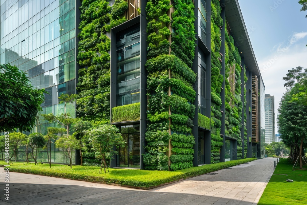 The modern building features a striking vertical garden on its facade, enhancing urban greenery. Sunlight gleams on the foliage, surrounded by well-maintained lawns and trees. The modern building features a striking vertical garden on its facade, enhancing urban greenery. Sunlight gleams on the foliage, surrounded by well-maintained lawns and trees.