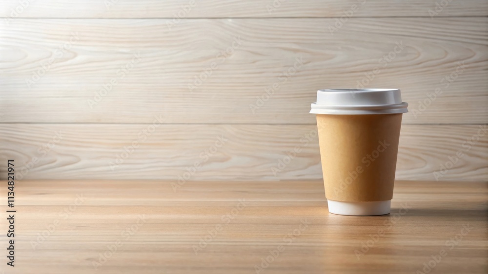 A solitary paper coffee cup sits on a wooden table against a backdrop of light wood paneling. A solitary paper coffee cup sits on a wooden table against a backdrop of light wood paneling.