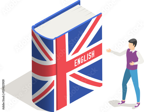 Young man is showing a large textbook with the flag of the united kingdom and the word english written on its cover, representing the concept of learning the english language and british culture