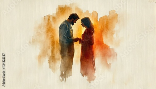Woman Kneeling Touching Jesus Christ in Watercolor Painting