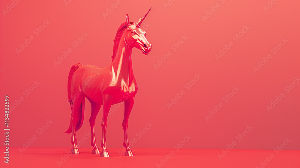 Fototapeta premium Minimalist red glossy unicorn sculpture with a reflective surface, showcased on a vibrant red background, exuding elegance and luxury. 3d render