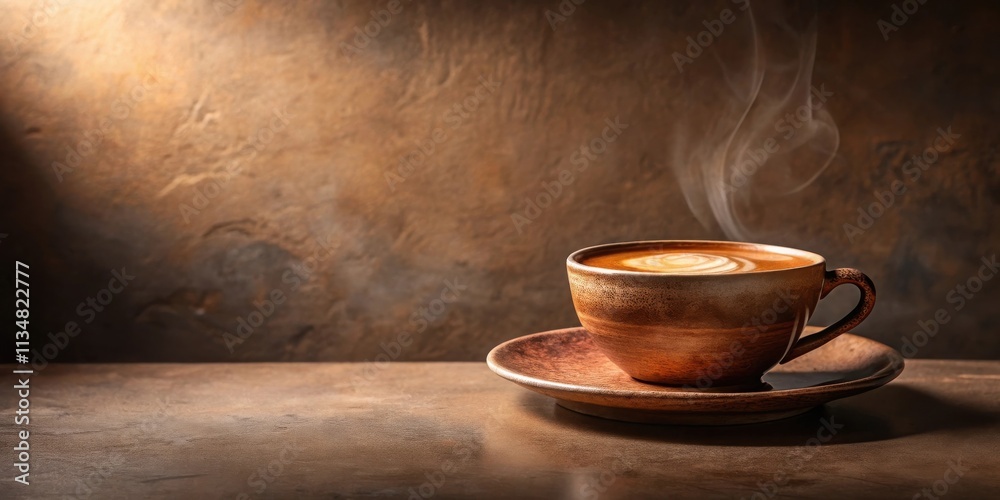 A steaming cup of coffee with a swirling design in the foam, resting on a brown saucer, illuminated by soft light against a rustic backdrop. A steaming cup of coffee with a swirling design in the foam, resting on a brown saucer, illuminated by soft light against a rustic backdrop.