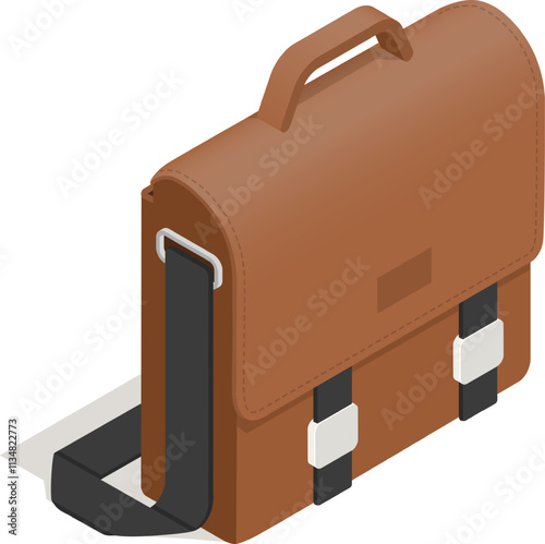 Brown leather messenger bag featuring a sleek black strap and stylish silver buckles, presented as an isometric icon casting a subtle shadow against a pristine white background