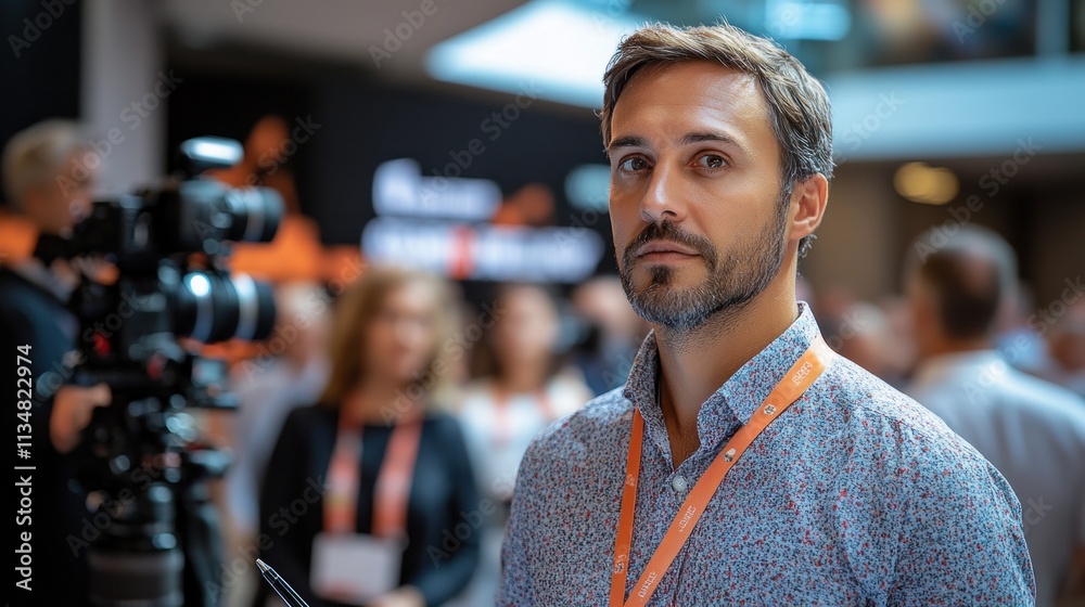 Fototapeta premium A man with a phone at a business event, surrounded by attendees and cameras.