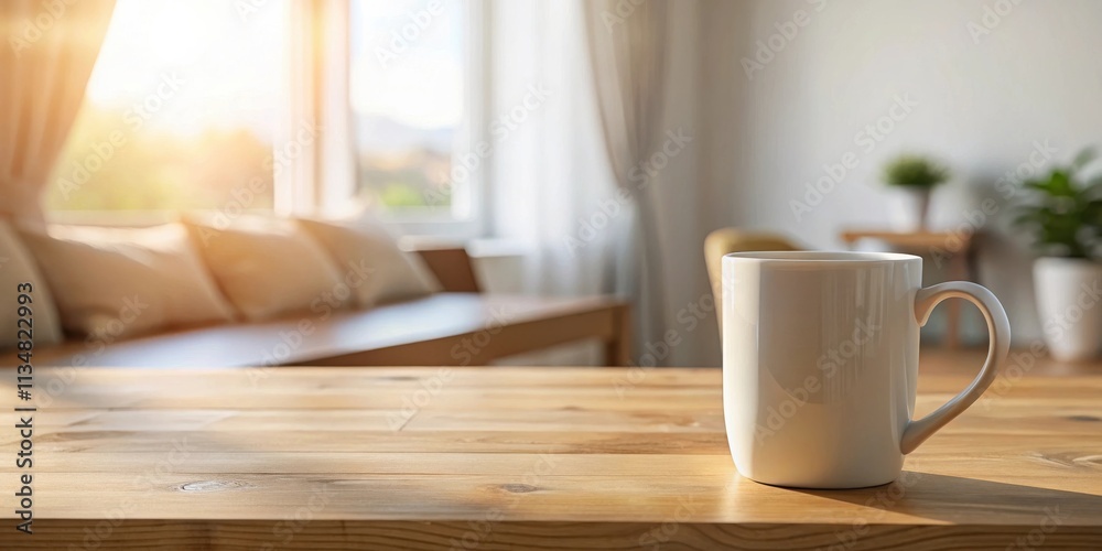 A White Mug on a Wooden Table with a Blurred Background of a Living Room with a Window and Natural Light