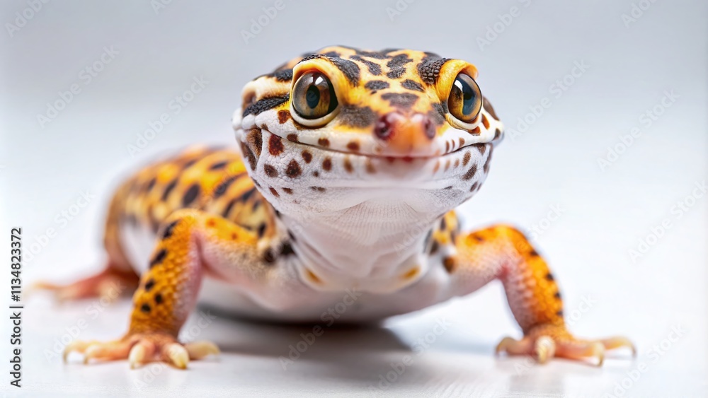 Closeup of a Baby Leopard Gecko on a White Background, Capturing the Intricate Details of Its Skin and Features in High Depth of Field for Animal Photography Enthusiasts Closeup of a Baby Leopard Gecko on a White Background, Capturing the Intricate Details of Its Skin and Features in High Depth of Field for Animal Photography Enthusiasts