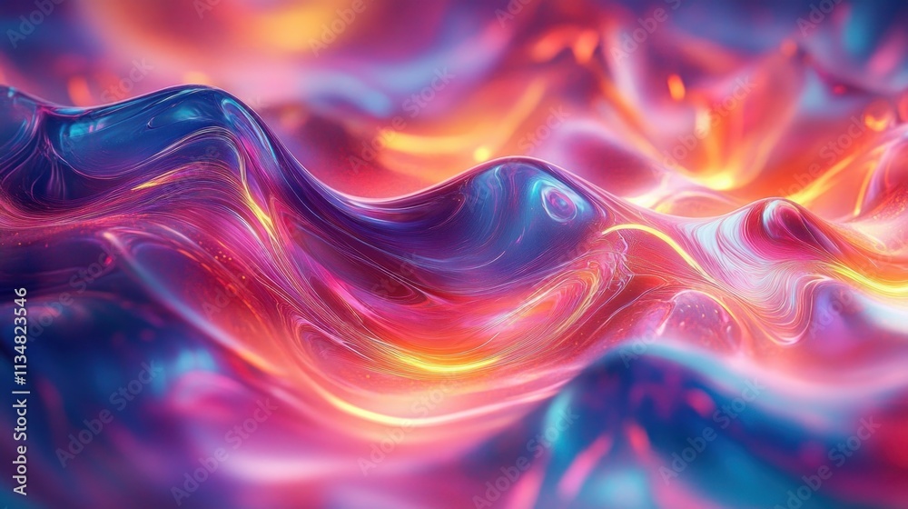 © btiger - Glossy flowing waves of iridescent material with vibrant neon reflections creating a dynamic abstract landscape