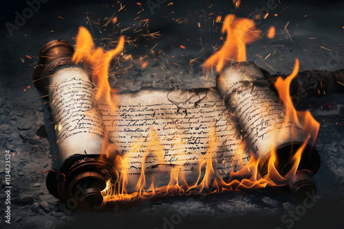 Ancient scroll in flames, intricate text surrounded by sparks, embodies destructions essence