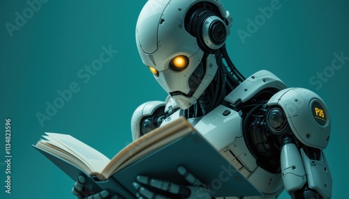 Futuristic Robot Reading Book AI Technology Knowledge Learning