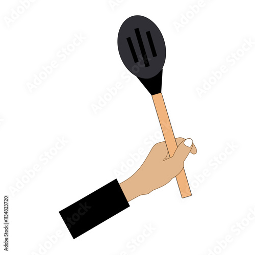 Kitchen steel utensils and kitchenware. Hands holding frying pan and plastic slotted spatula, ceramic dish, stainless fork, spoon wooden
