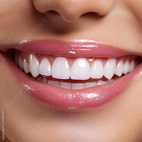 Beautiful wide smile of young fresh woman with great healthy white teeth. Isolated over white background