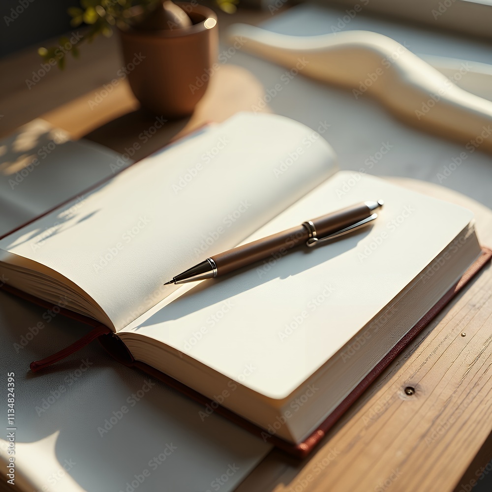 A Pen Resting on an Open Notebook, Bathed in Warm Sunlight A Pen Resting on an Open Notebook, Bathed in Warm Sunlight