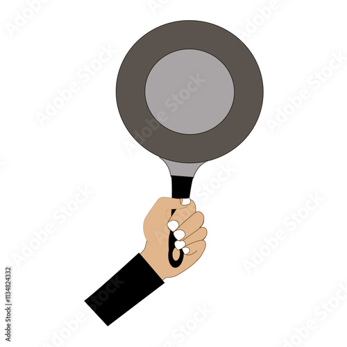 Hand holding frying pan, Flat concept illustration of kitchen food fry, roast tools. Vector elements for web design, cook infographic.