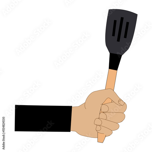 Kitchen steel utensils and kitchenware. Hands holding frying pan and plastic slotted spatula, ceramic dish, stainless fork, spoon wooden
