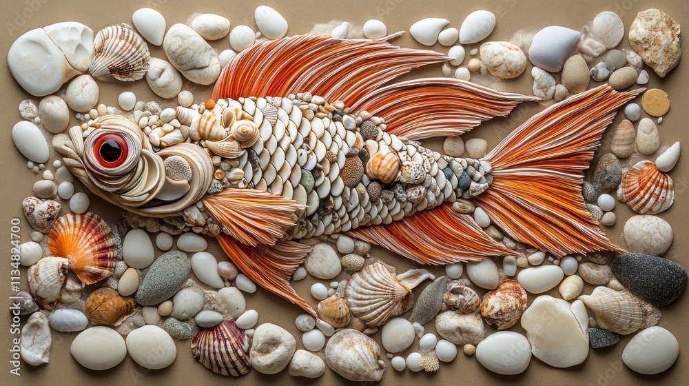 Obraz premium Seashell and pebble fish art on beige background.