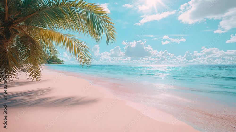 Beautiful Tropical Sand with Palm Leaves and a Picturesque Paradise Island Setting