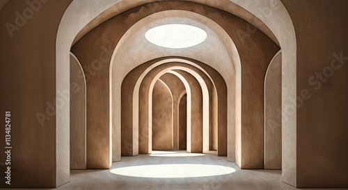 Modern minimalist architecture: sunlit arched hallway with natural light