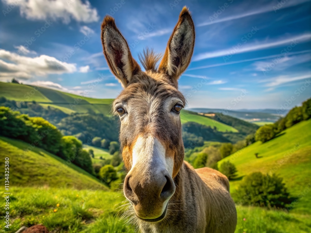 Close-Up of a Donkey in a Serene Landscape, Capturing the Beauty of Nature and the Unique Features of This Gentle Animal in a Tranquil Setting Under Clear Skies Close-Up of a Donkey in a Serene Landscape, Capturing the Beauty of Nature and the Unique Features of This Gentle Animal in a Tranquil Setting Under Clear Skies