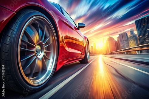 Close-up of a Fast Sports Car Wheel in Motion on a Highway, Capturing the Thrill of Speed and Urban Exploration in Dynamic Blur