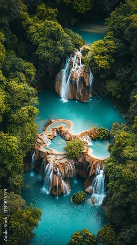 Travel and Outdoor adventure - Aerial perspective of the turquoise pools and cascading tiers of Erawan Waterfall in Kanchanaburi Thailand. photo