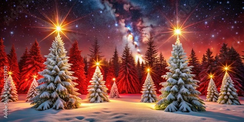 Enchanting Winter Wonderland: Snowy Christmas Forest with Sparkling Stars on Festive Red Background