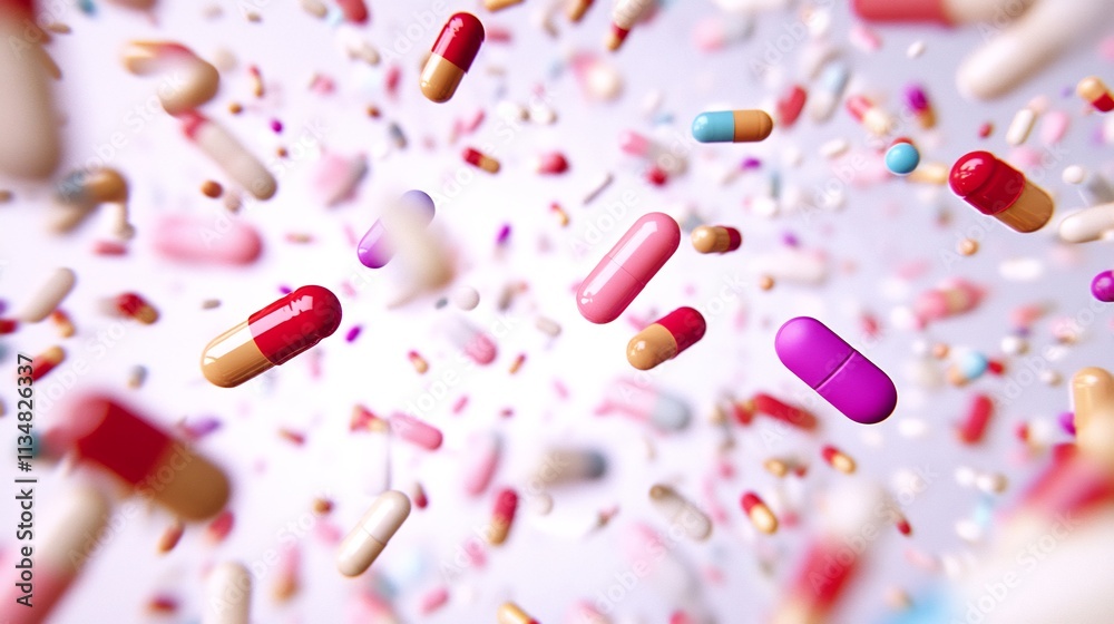 Colorful capsules falling against a white background. Colorful capsules falling against a white background.