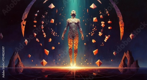 Futuristic digital transformation: human figure surrounded by geometric shapes and light photo