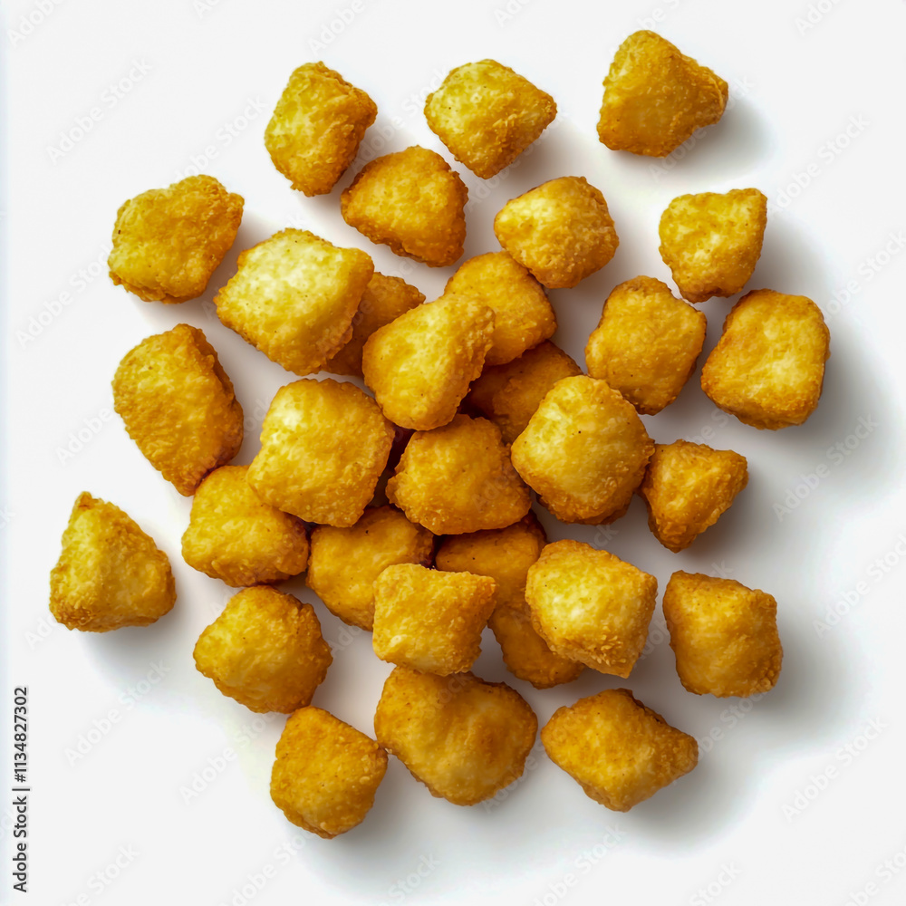 A pile of fried chicken nuggets on white background. A pile of fried chicken nuggets on white background.