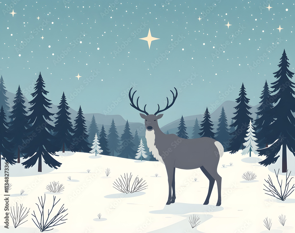 Majestic reindeer stands alone in the serene snow-covered forest under a starry night sky Majestic reindeer stands alone in the serene snow-covered forest under a starry night sky