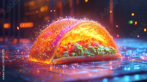 Glowing taco with vibrant fillings on dark surface. photo