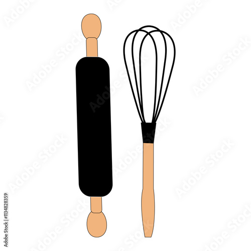 Vector illustration of two kitchen utensils with wooden handles and black silicone heads. Includes a spaghetti spoon and a flat spatula. Simple flat design suitable for food, cooking, or kitchen-relat