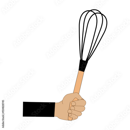 Kitchen steel utensils and kitchenware. Hands holding frying pan and plastic slotted spatula, ceramic dish, stainless fork, spoon wooden