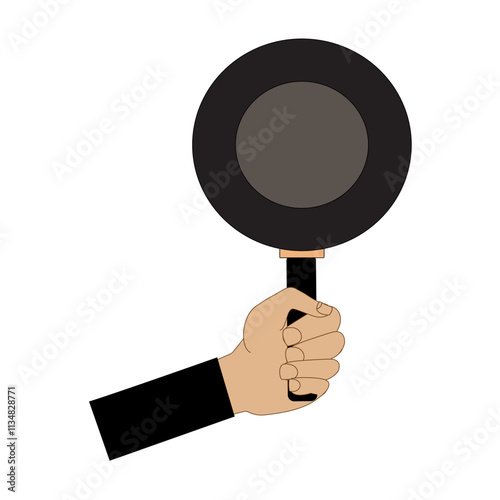 Hand holding frying pan, Flat concept illustration of kitchen food fry, roast tools. Vector elements for web design, cook infographic.
