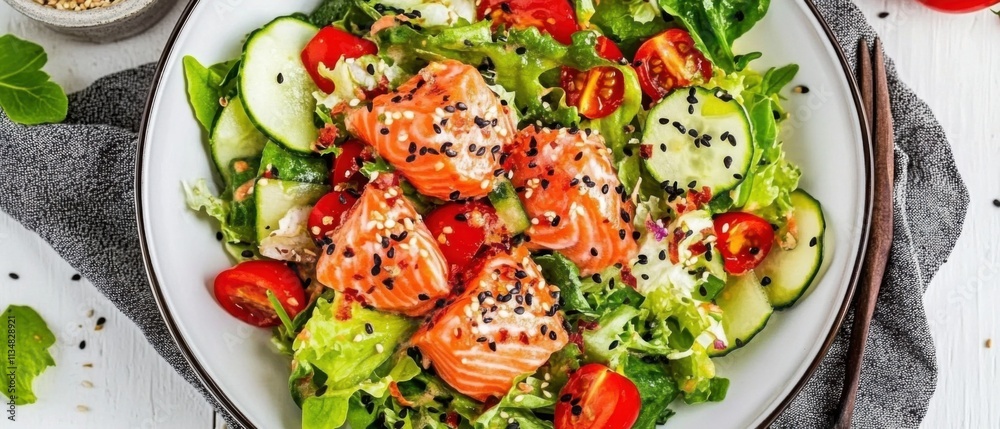 Delicious Salmon Salad with Cucumber, Tomato, and Sesame Seeds Delicious Salmon Salad with Cucumber, Tomato, and Sesame Seeds