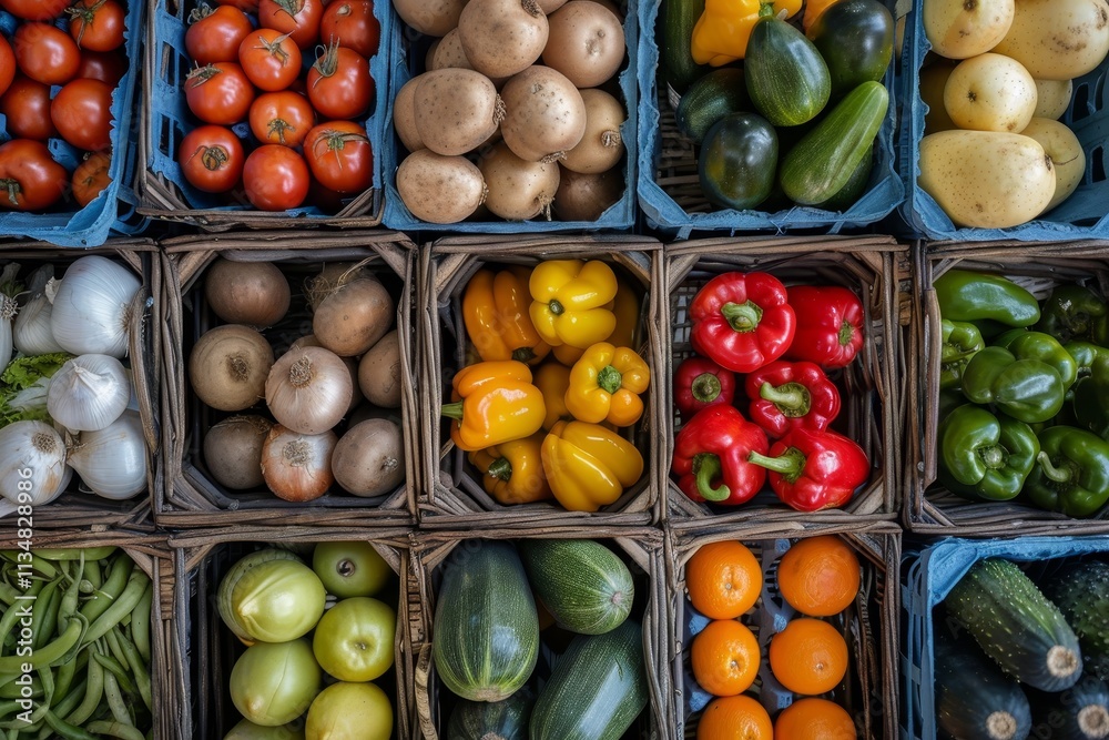 A vibrant array of fresh vegetables and fruits is neatly arranged in baskets at a bustling local market, showcasing the rich colors of the harvest. A vibrant array of fresh vegetables and fruits is neatly arranged in baskets at a bustling local market, showcasing the rich colors of the harvest.