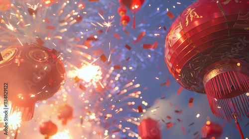 Joyful Chinese Lunar New Year Celebration with Red Lanterns, Firecrackers, Traditional Lion Dance, and Family Reunion Dinner Showcasing Cultural Heritage and Festive Atmosphere