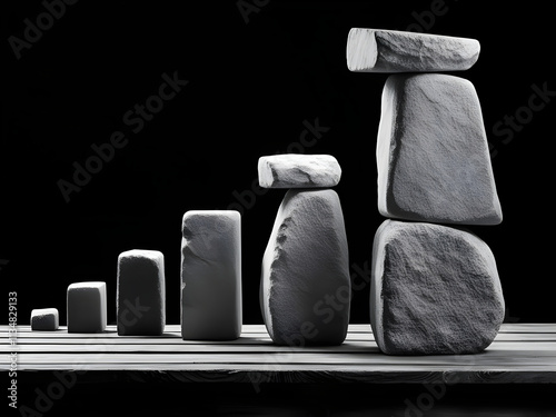 Graphical presentation of data/Stacked Grey Stones on Wooden Platform, Perfect for Design Projects photo