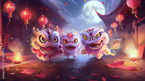 Joyful Chinese Lunar New Year Celebration with Red Lanterns, Firecrackers, Traditional Lion Dance, and Family Reunion Dinner Showcasing Cultural Heritage and Festive Atmosphere
